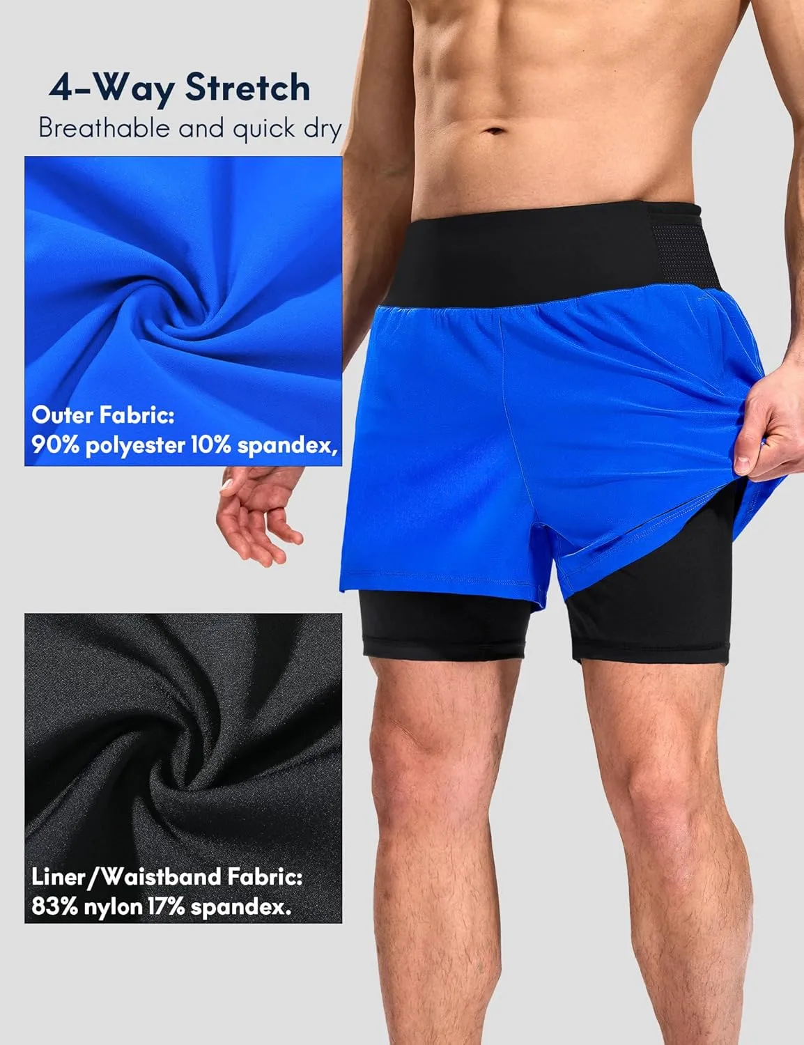 Haimont Men's 2 in 1 Running Shorts with Zipper Pockets Quick Dry Athletic Gym Workout Shorts with Liner