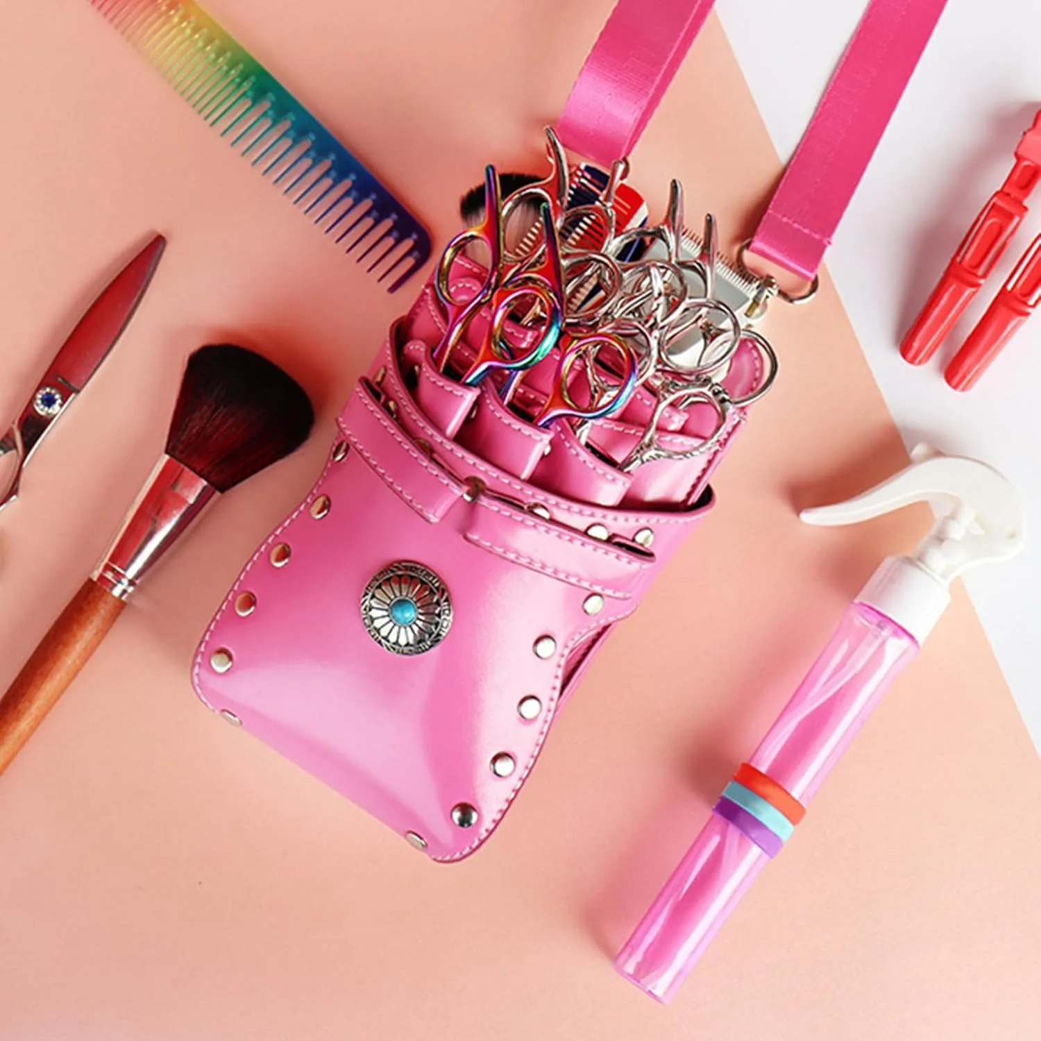 Hairdresser Waist Bag Shear Holder, 7-Slot Hairstylist PU Leather Barber Scissors Holster Pouch Tool Bag, Detachable Hair Cutting Organizer for Combs, Clippers, Spray Bottles (Pink)