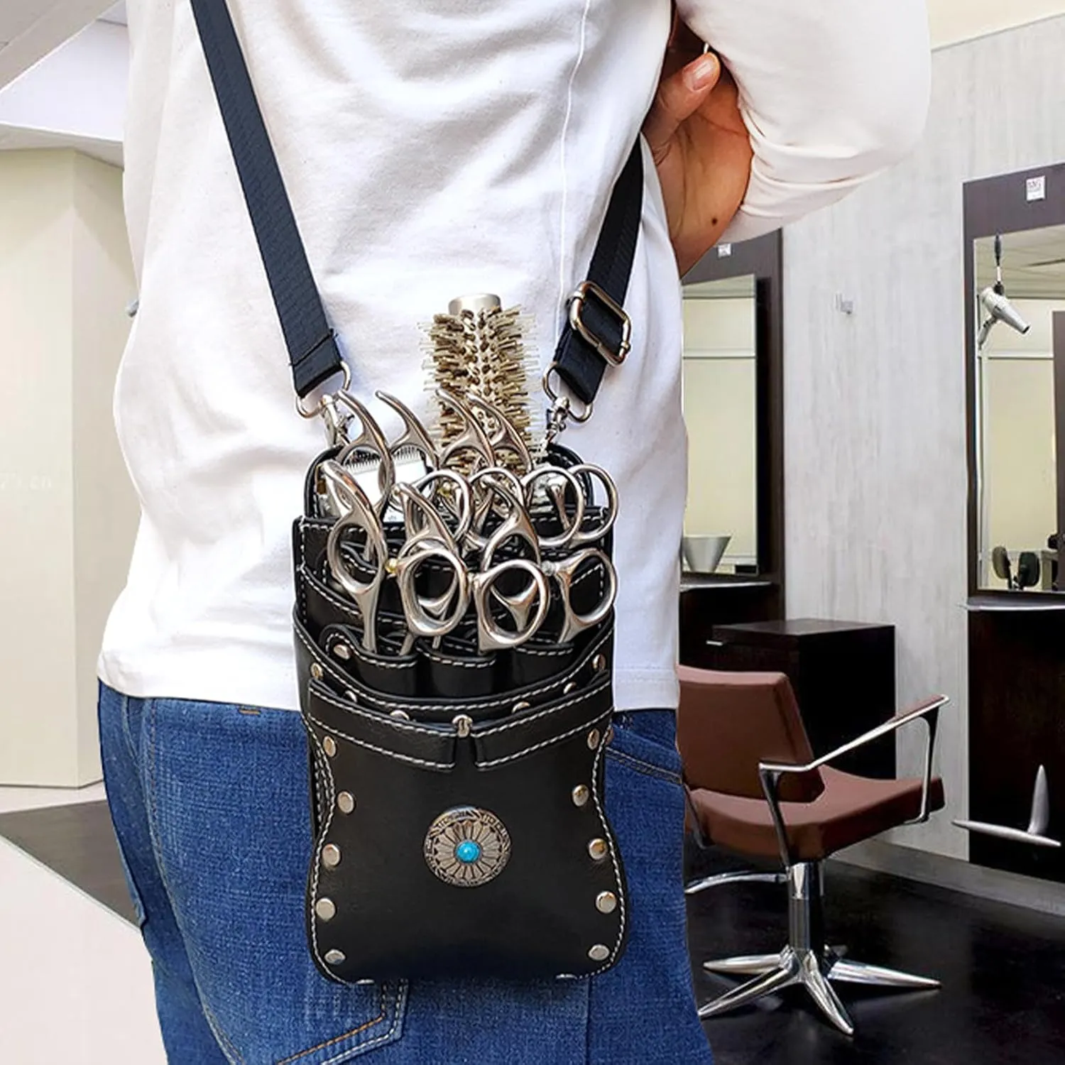 Hairdresser Waist Bag Shear Holder, 7-Slot Hairstylist PU Leather Barber Scissors Holster Pouch Tool Bag, Detachable Hair Cutting Organizer for Combs, Clippers, Spray Bottles (Pink)