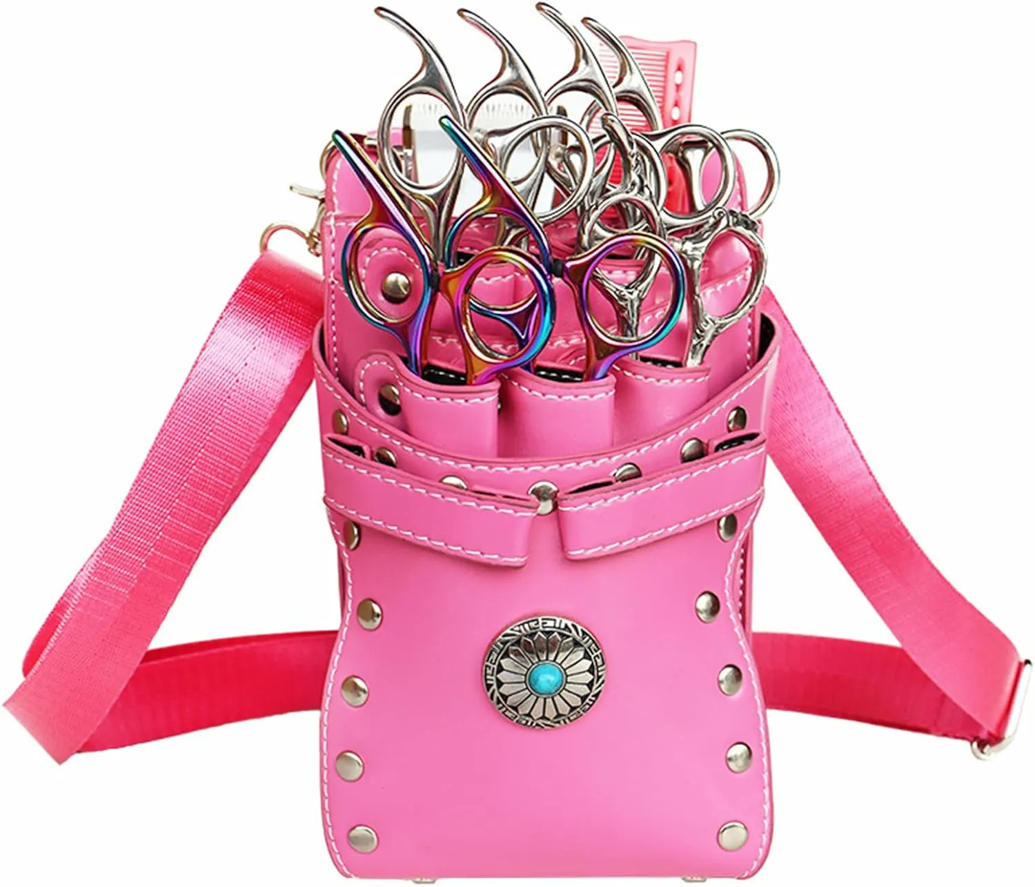 Hairdresser Waist Bag Shear Holder, 7-Slot Hairstylist PU Leather Barber Scissors Holster Pouch Tool Bag, Detachable Hair Cutting Organizer for Combs, Clippers, Spray Bottles (Pink)