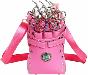 Hairdresser Waist Bag Shear Holder, 7-Slot Hairstylist PU Leather Barber Scissors Holster Pouch Tool Bag, Detachable Hair Cutting Organizer for Combs, Clippers, Spray Bottles (Pink)