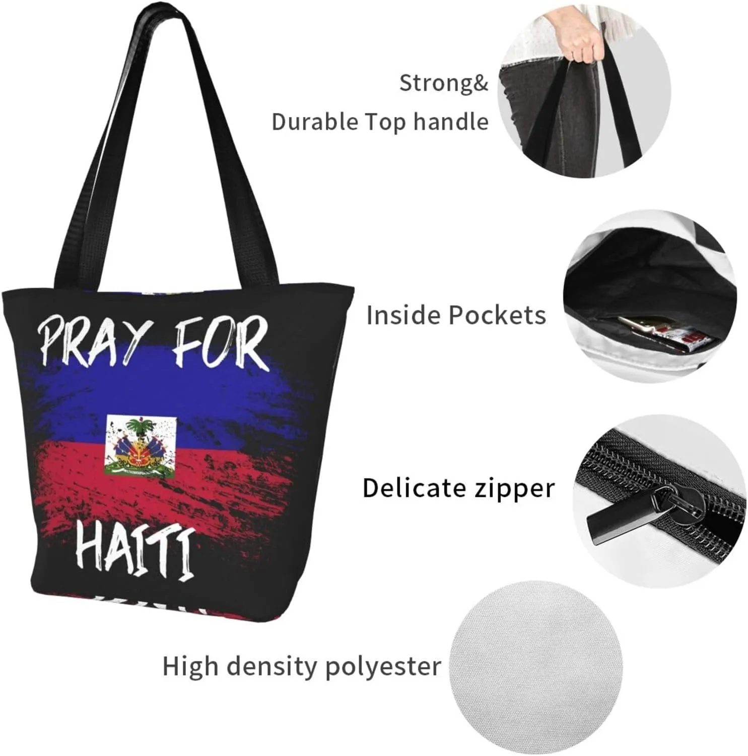 Haiti Flag Pray For Haiti Women's Tote Bag Shoulder Bag Shopping Handbag Large Capacity Handbag With Zipper