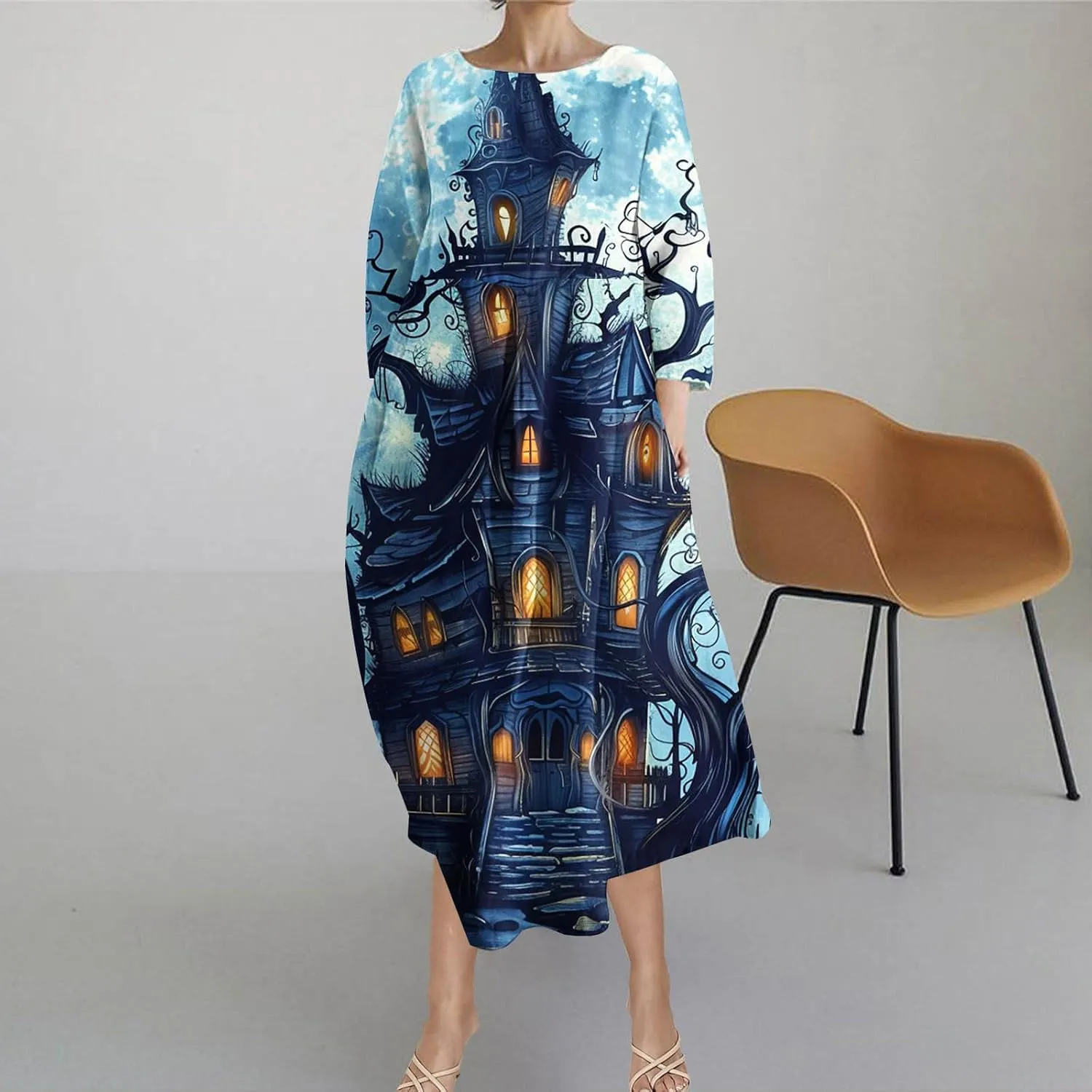 Halloween Shift Dress for Women All Over Print Plus Size Casual T Shirt Dresses Flowy Swing Tunic Dress with Pockets