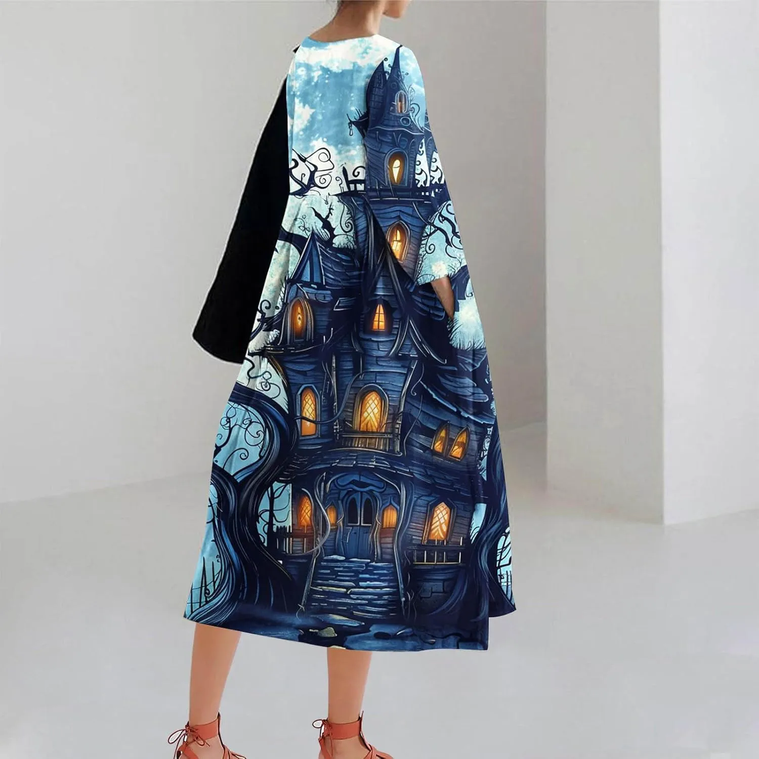 Halloween Shift Dress for Women All Over Print Plus Size Casual T Shirt Dresses Flowy Swing Tunic Dress with Pockets