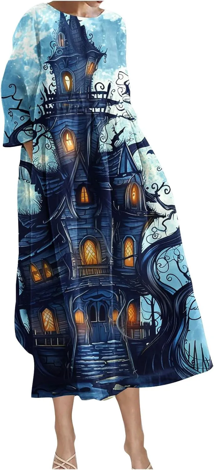 Halloween Shift Dress for Women All Over Print Plus Size Casual T Shirt Dresses Flowy Swing Tunic Dress with Pockets