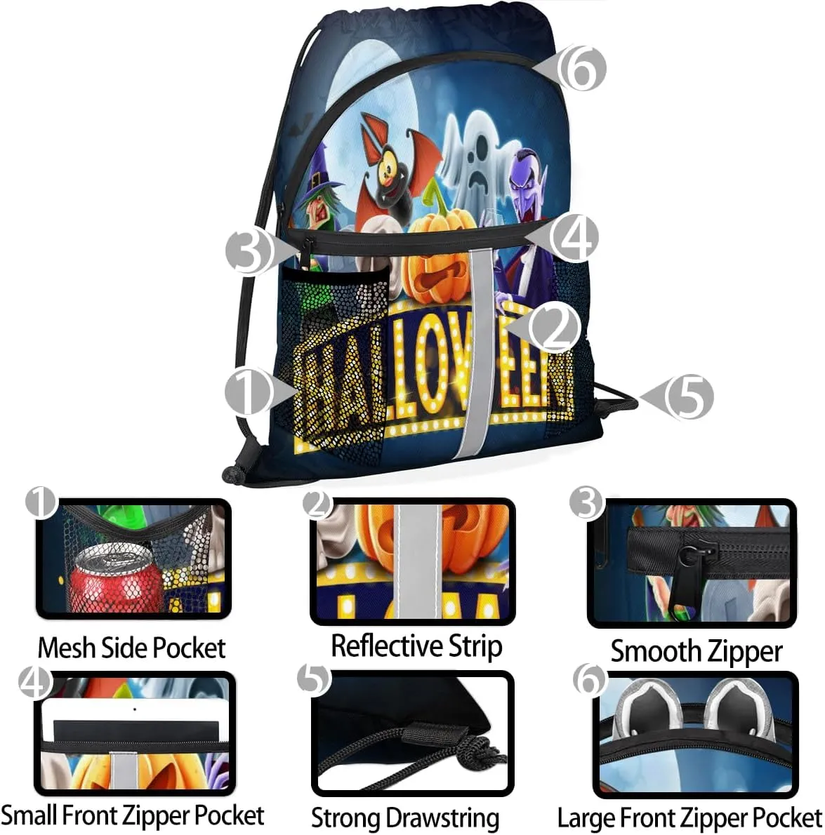 Halloween Topic Drawstring Backpack Sports Gym Bag for Men Women Draw String Polyester Sackpack Reflective String Bags Cinch Bag with Zipper Pockets and Mesh Pockets