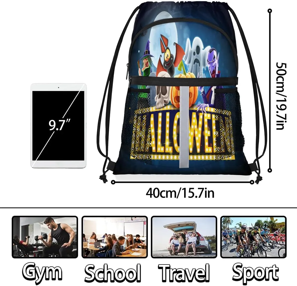 Halloween Topic Drawstring Backpack Sports Gym Bag for Men Women Draw String Polyester Sackpack Reflective String Bags Cinch Bag with Zipper Pockets and Mesh Pockets