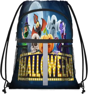 Halloween Topic Drawstring Backpack Sports Gym Bag for Men Women Draw String Polyester Sackpack Reflective String Bags Cinch Bag with Zipper Pockets and Mesh Pockets