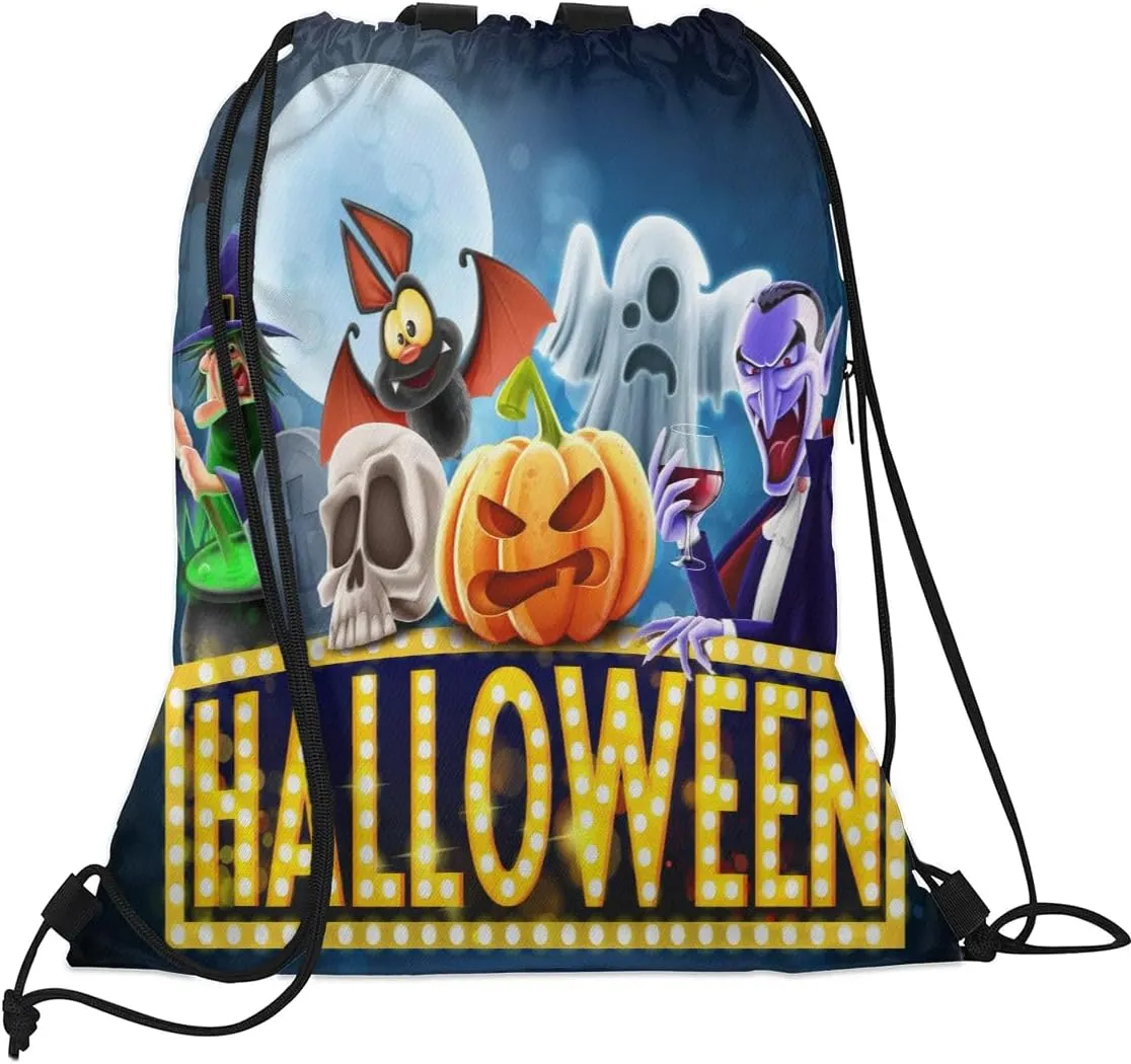 Halloween Topic Drawstring Backpack Sports Gym Bag for Men Women Draw String Polyester Sackpack Reflective String Bags Cinch Bag with Zipper Pockets and Mesh Pockets