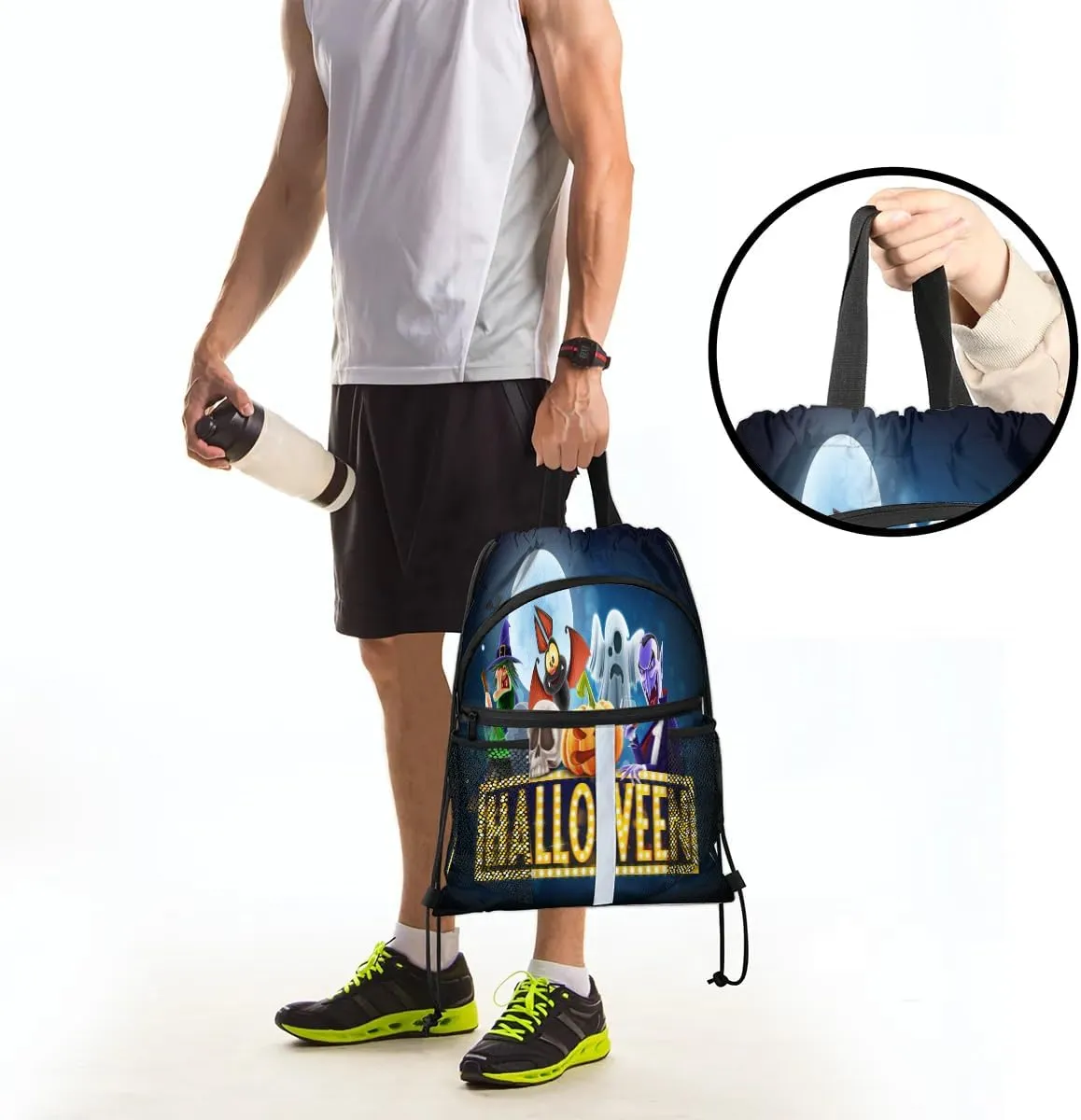 Halloween Topic Drawstring Backpack Sports Gym Bag for Men Women Draw String Polyester Sackpack Reflective String Bags Cinch Bag with Zipper Pockets and Mesh Pockets