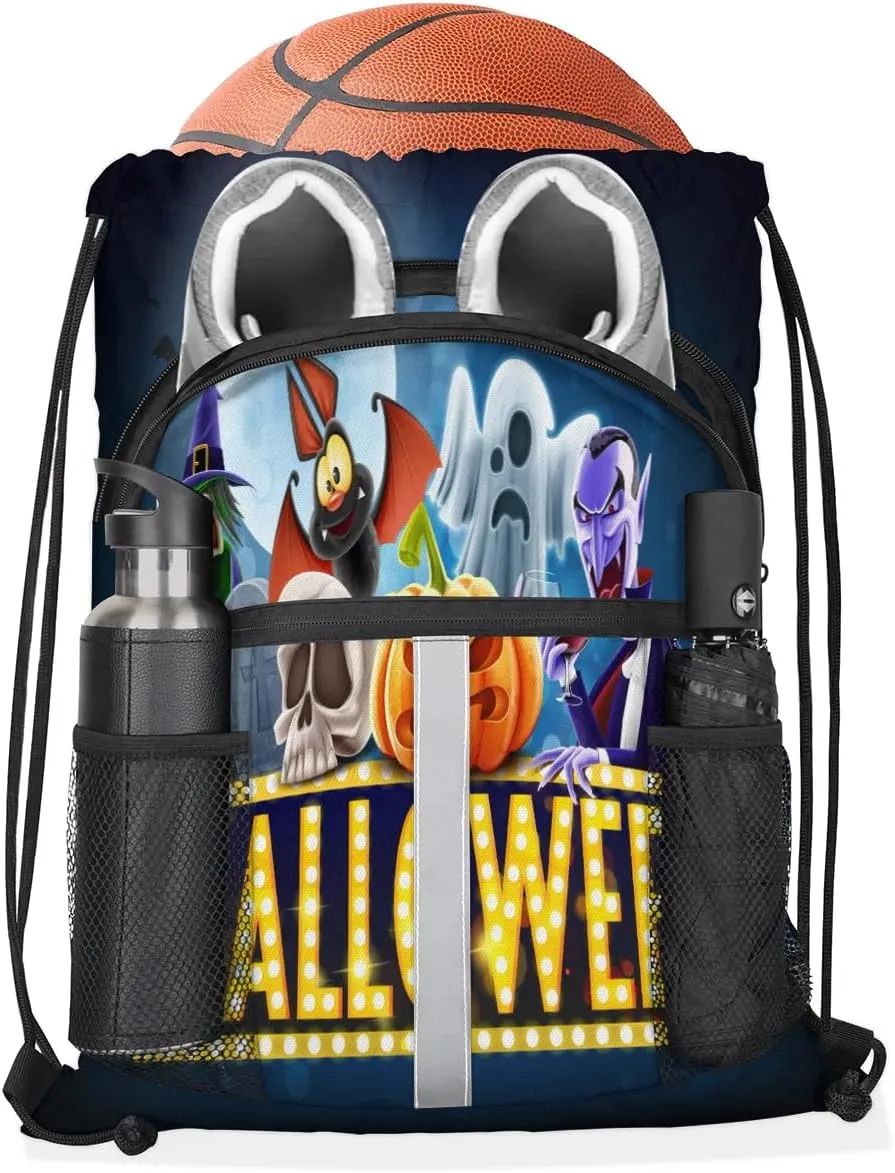 Halloween Topic Drawstring Backpack Sports Gym Bag for Men Women Draw String Polyester Sackpack Reflective String Bags Cinch Bag with Zipper Pockets and Mesh Pockets