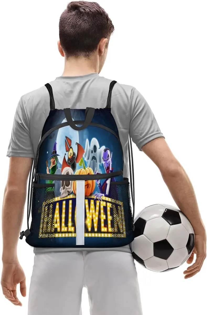 Halloween Topic Drawstring Backpack Sports Gym Bag for Men Women Draw String Polyester Sackpack Reflective String Bags Cinch Bag with Zipper Pockets and Mesh Pockets