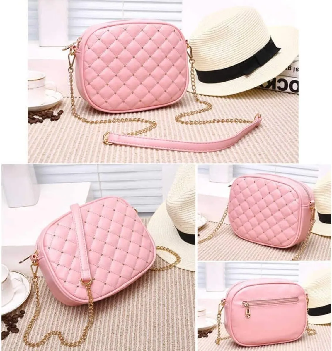 Hanbella Cross body Clutch Purses for Women & Teens - Cute Small Quilted Leather Shoulder Bag with Gold Chain for Girls
