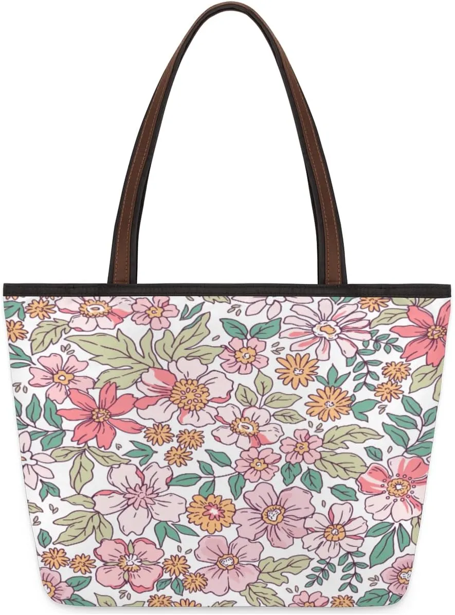 Hand-drawn Flowers Plants Tote Bag Tote Purse for Women with Zipper Womens Handbags for Work Travel