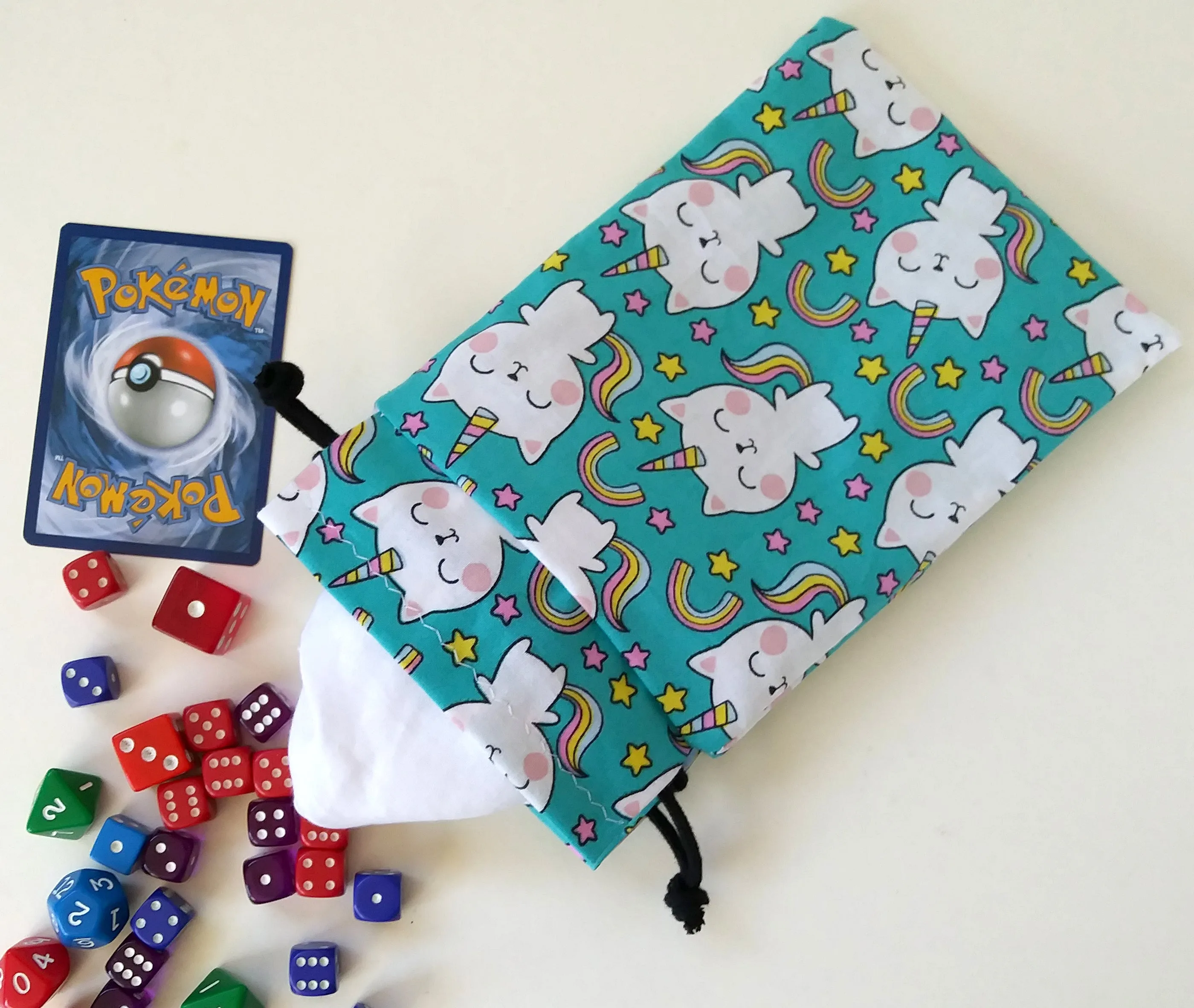 Handmade Drawstring bag - Caticorn rainbow print bag