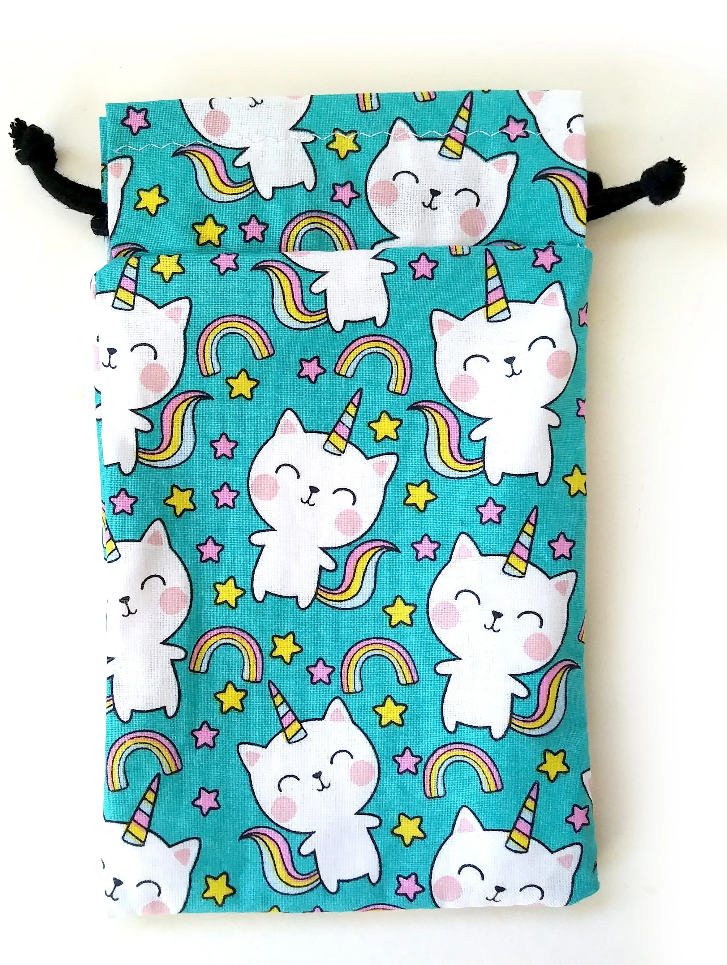 Handmade Drawstring bag - Caticorn rainbow print bag