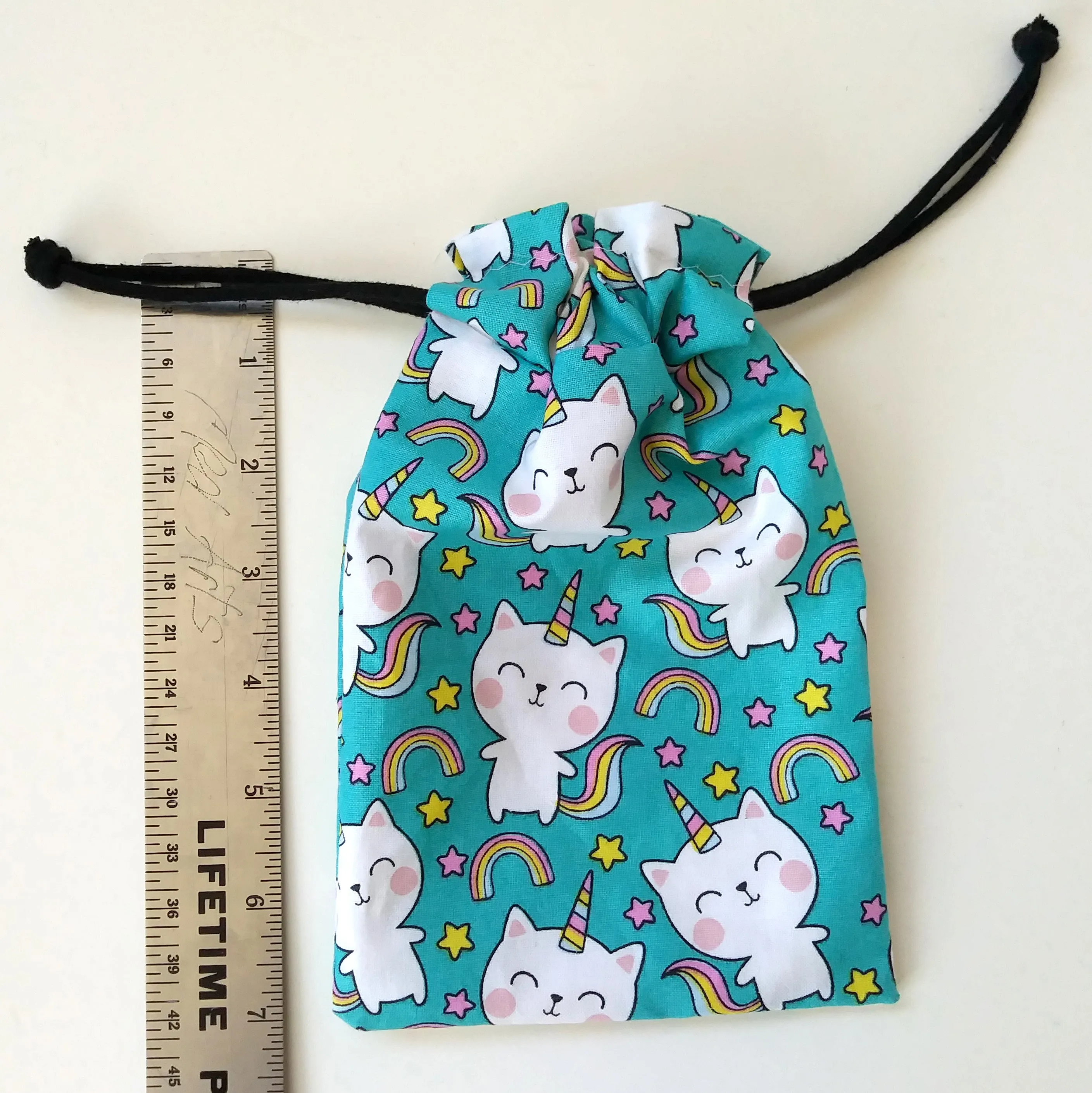 Handmade Drawstring bag - Caticorn rainbow print bag