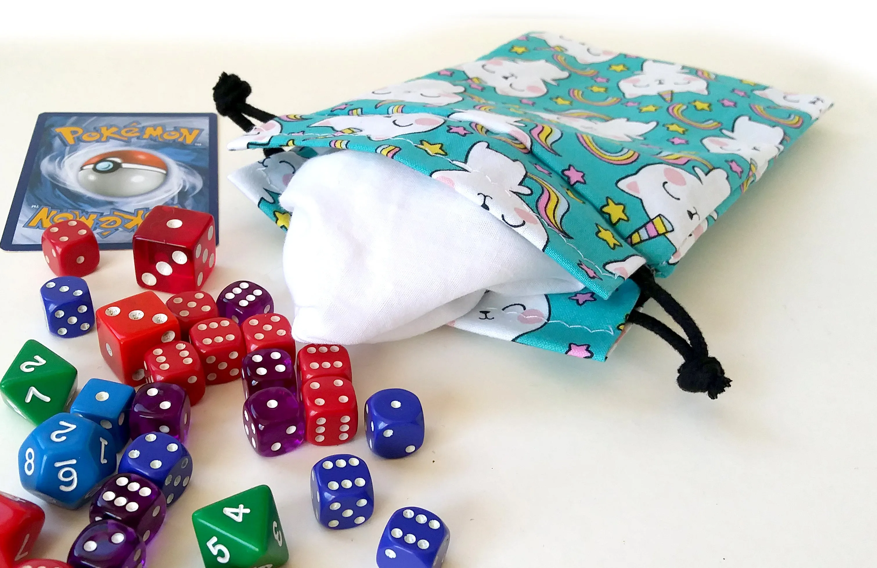 Handmade Drawstring bag - Caticorn rainbow print bag