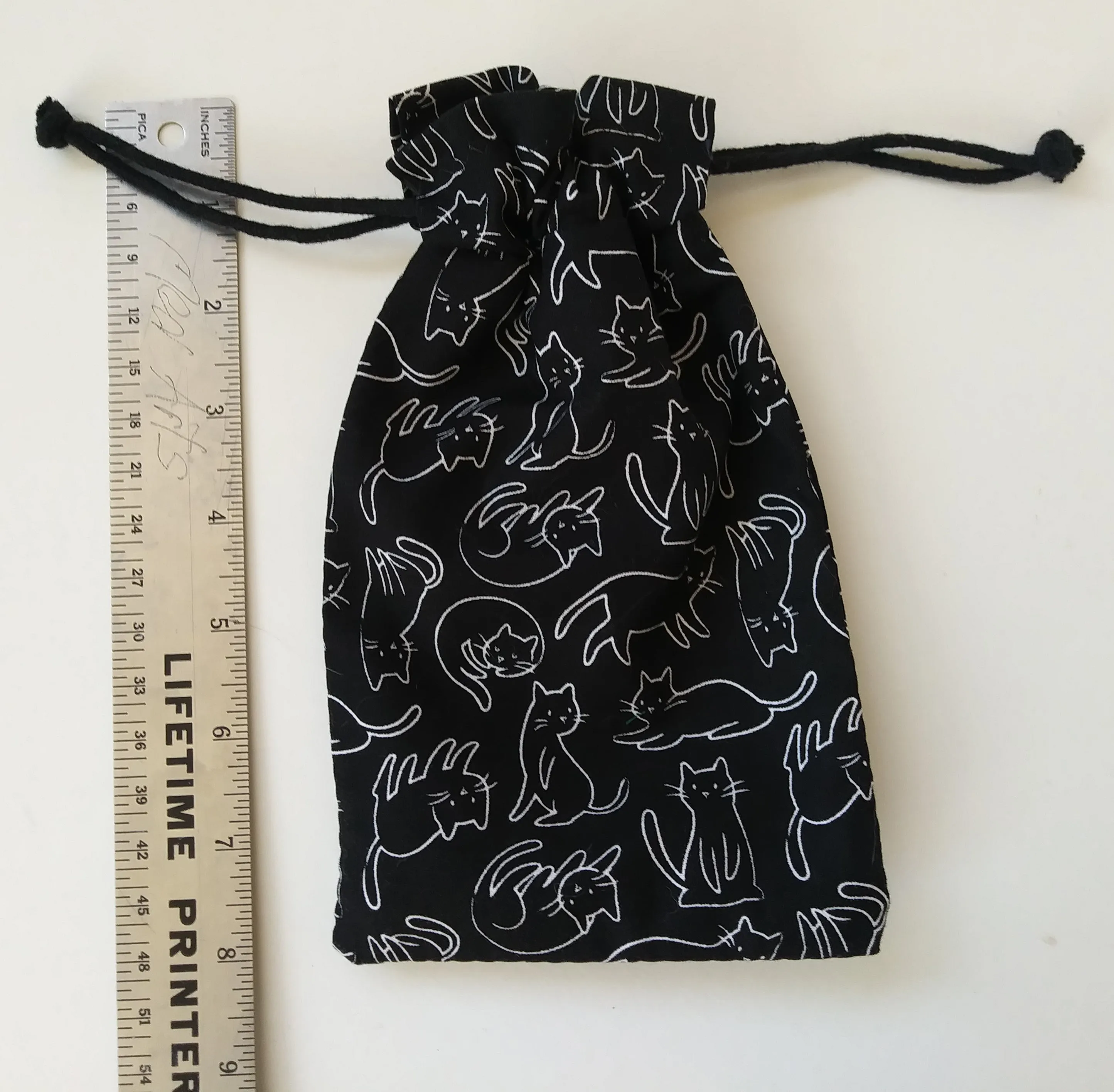 Handmade Drawstring bag - Cute Black cat Print