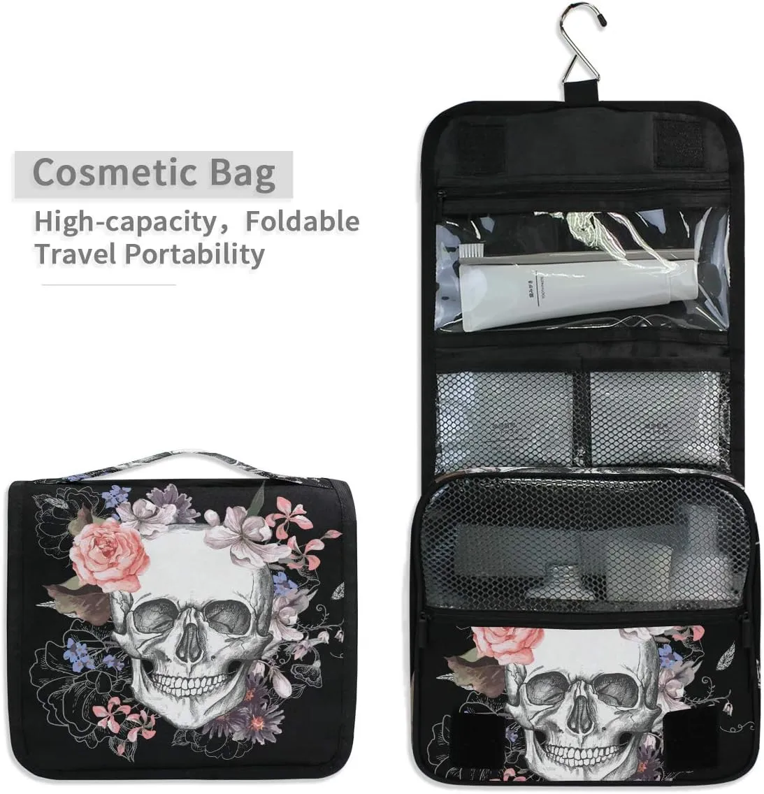 Hanging Toiletry Bag Sugar Skull Flower Halloween, Makeup Bag Cosmetic Bag Bathroom Travel Organizer Large for Women Girls