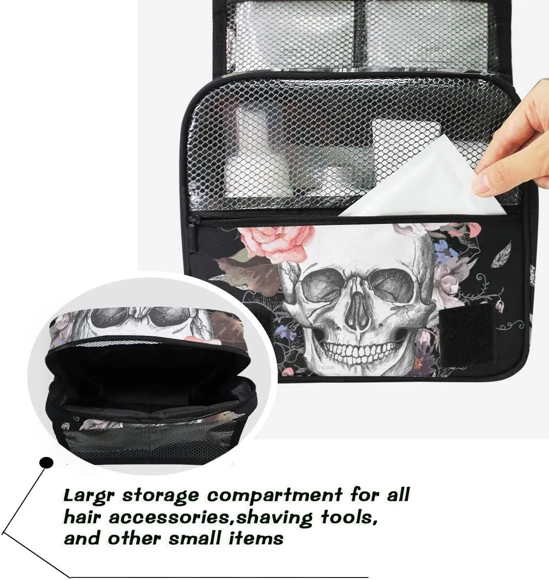 Hanging Toiletry Bag Sugar Skull Flower Halloween, Makeup Bag Cosmetic Bag Bathroom Travel Organizer Large for Women Girls