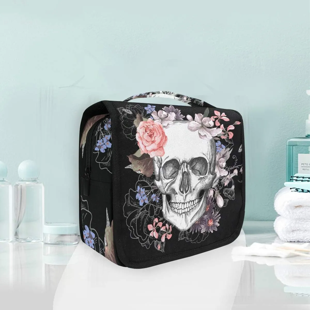 Hanging Toiletry Bag Sugar Skull Flower Halloween, Makeup Bag Cosmetic Bag Bathroom Travel Organizer Large for Women Girls