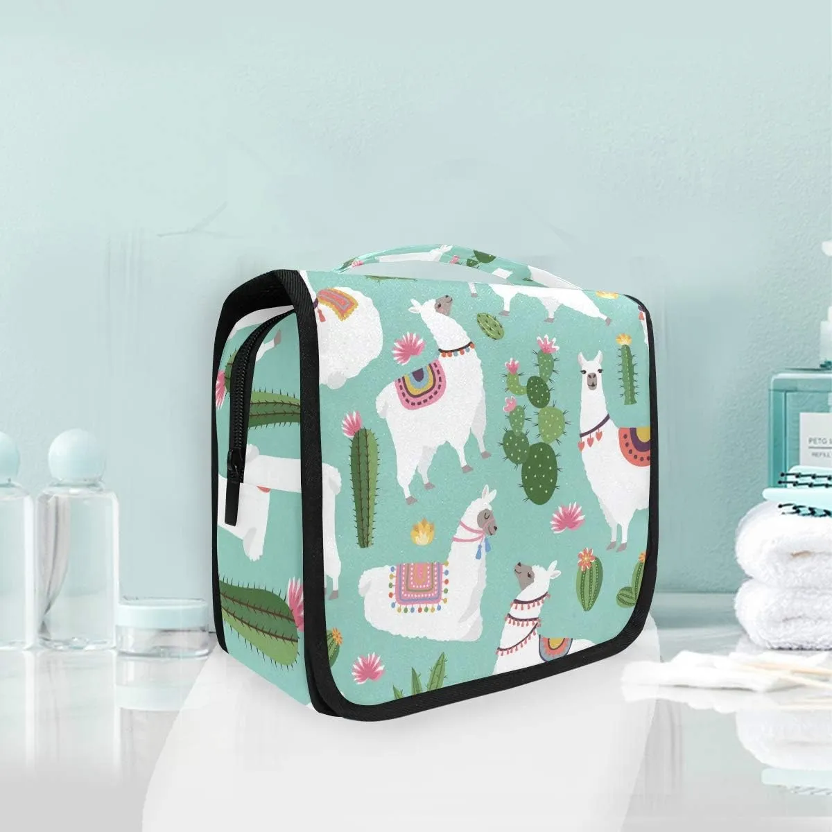 Hanging Toiletry Bag Tropical Llama Alpaca Cactus Flower, Makeup Bag Cosmetic Bag Bathroom Travel Organizer Large for Women Girls