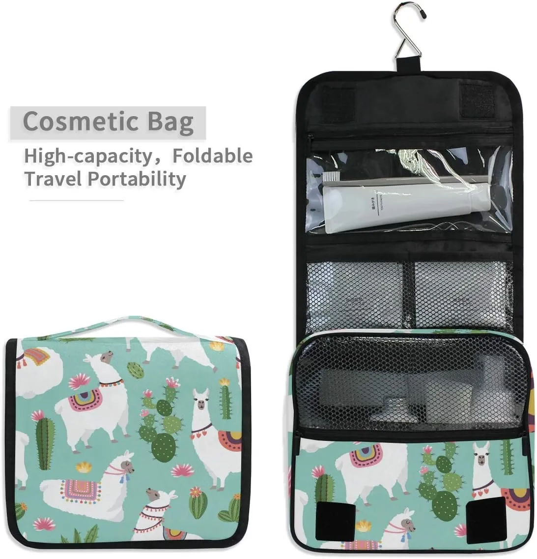 Hanging Toiletry Bag Tropical Llama Alpaca Cactus Flower, Makeup Bag Cosmetic Bag Bathroom Travel Organizer Large for Women Girls
