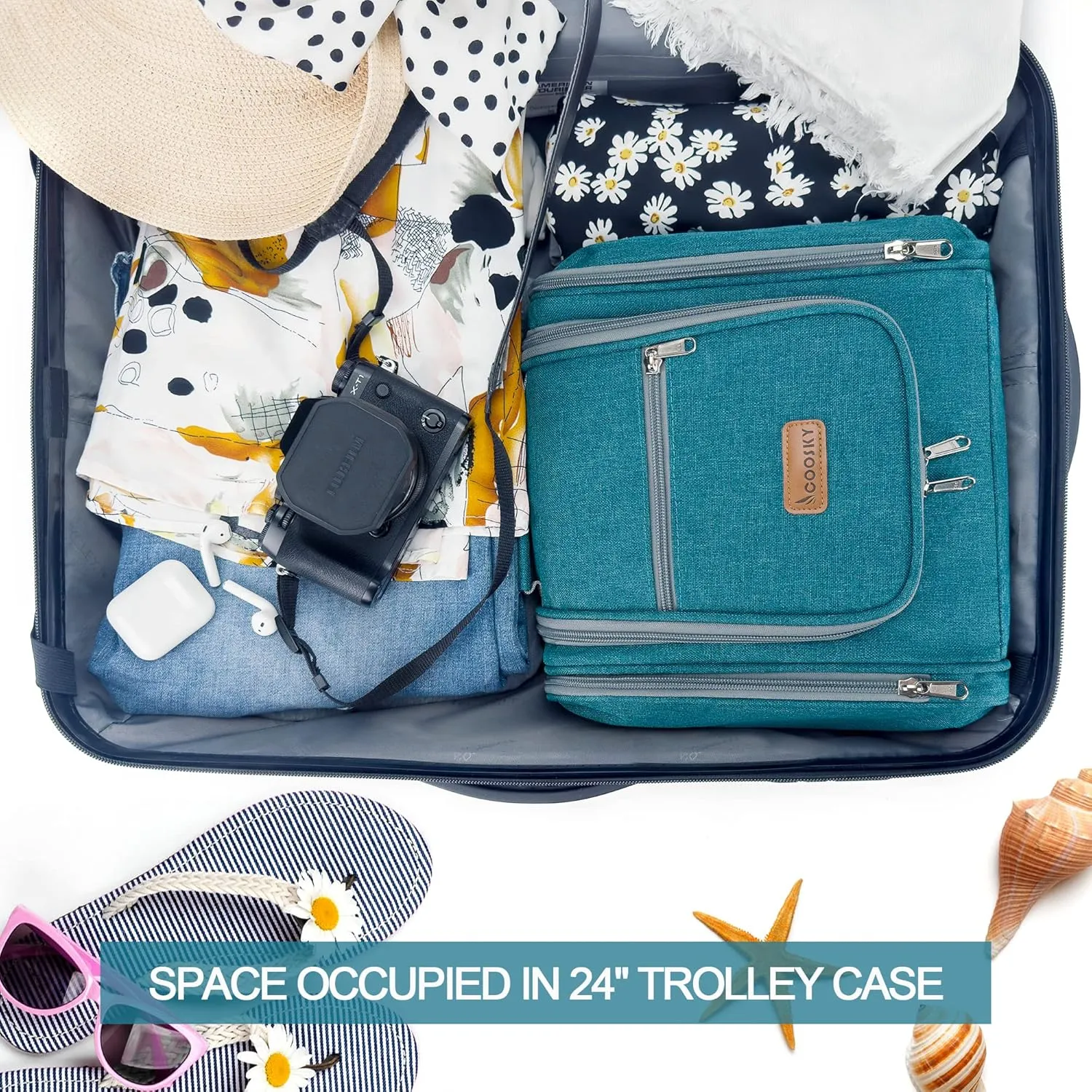 Hanging Travel Toiletry Bag for Women and Men, 6 Organizer Compartments, Extra Large Toiletries Bag, Bathroom Cosmetic Bag, Water-resistant Makeup Bag, Holds Full-Size Shampoo, Blue