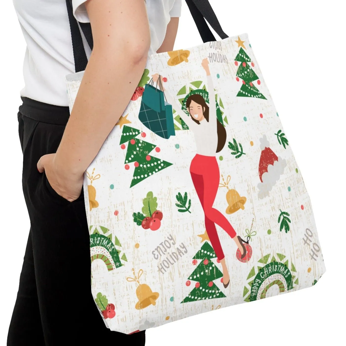 Happy Christmas Shopper on Christmas Print Large Tote Bag - Festive Holiday Accessory