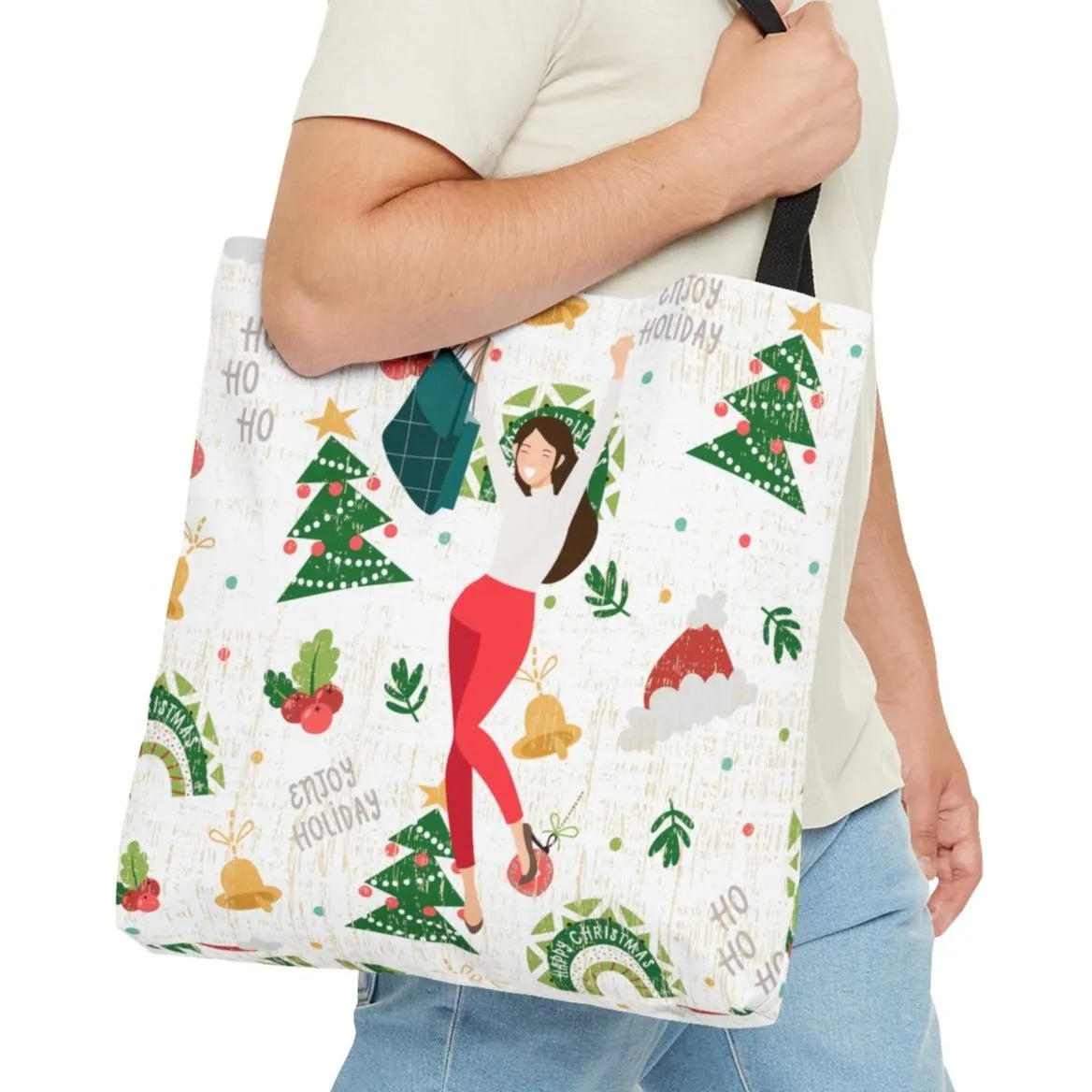 Happy Christmas Shopper on Christmas Print Large Tote Bag - Festive Holiday Accessory