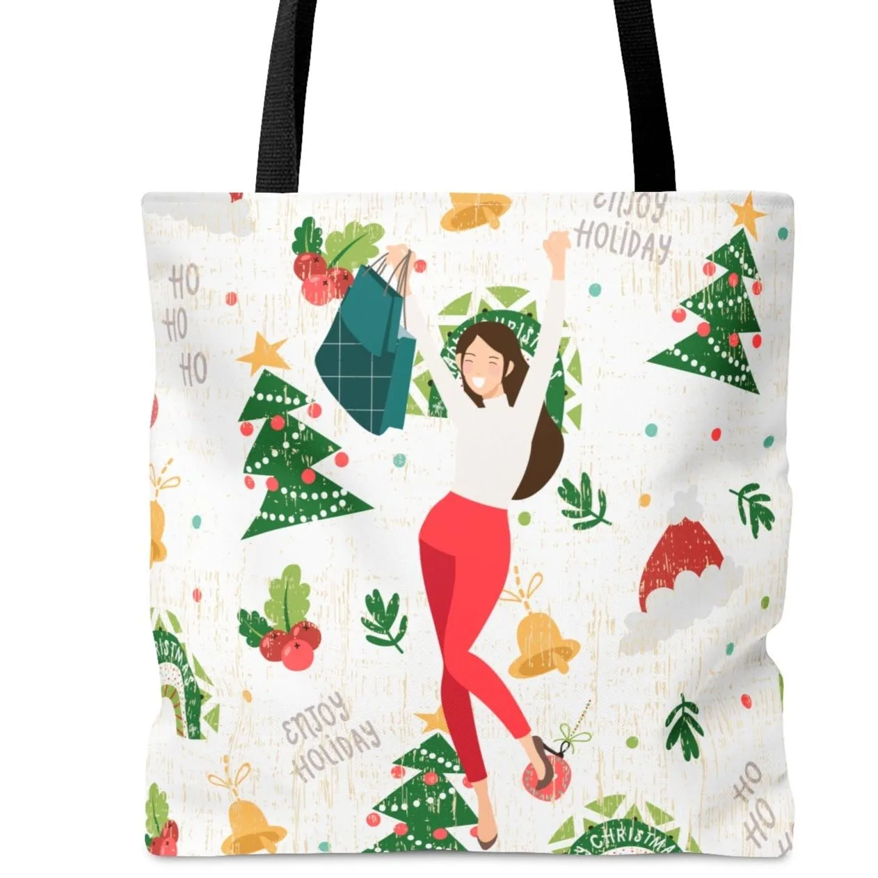 Happy Christmas Shopper on Christmas Print Large Tote Bag - Festive Holiday Accessory