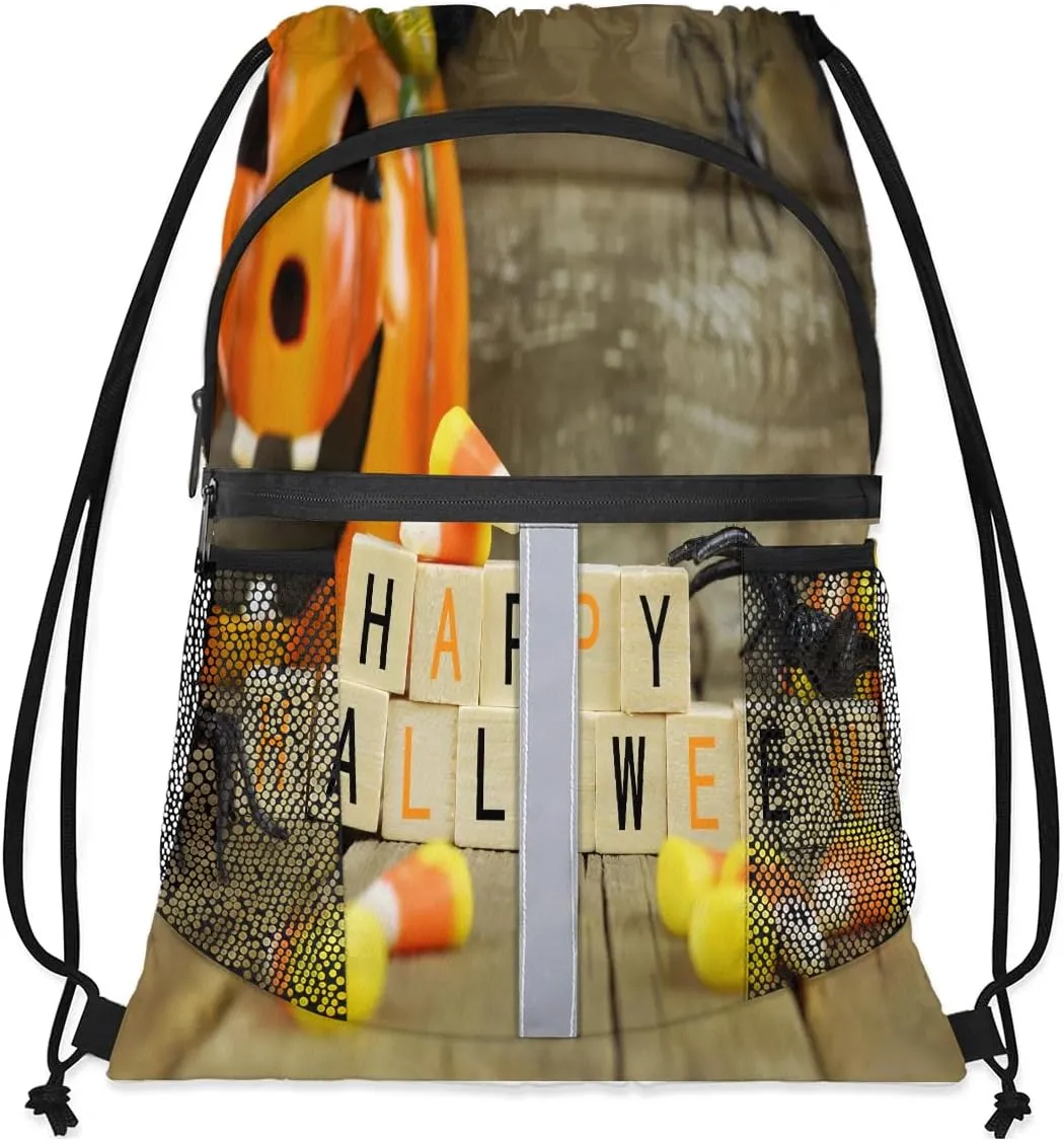 Happy Halloween Pumpkin Drawstring Backpack Sports Gym Bag for Men Women Draw String Polyester Sackpack Reflective String Bags Cinch Bag with Zipper Pockets and Mesh Pockets