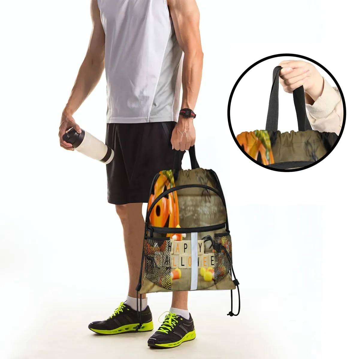 Happy Halloween Pumpkin Drawstring Backpack Sports Gym Bag for Men Women Draw String Polyester Sackpack Reflective String Bags Cinch Bag with Zipper Pockets and Mesh Pockets