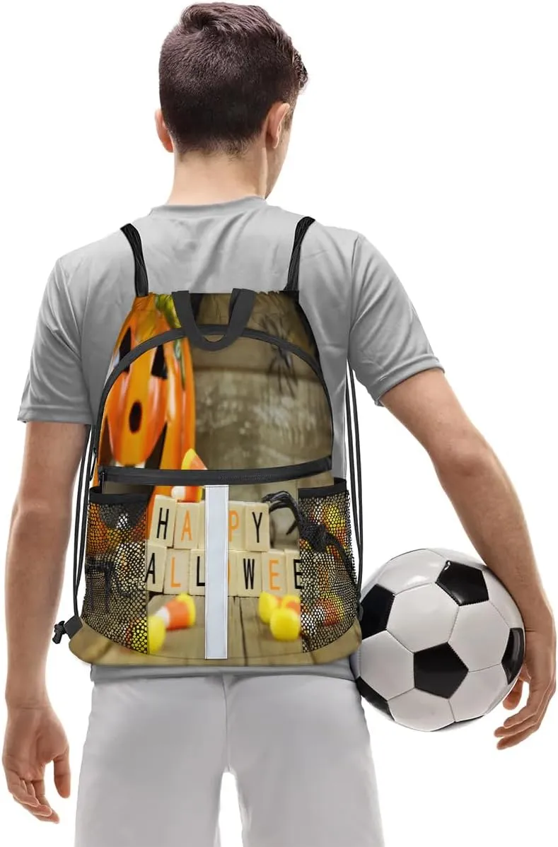 Happy Halloween Pumpkin Drawstring Backpack Sports Gym Bag for Men Women Draw String Polyester Sackpack Reflective String Bags Cinch Bag with Zipper Pockets and Mesh Pockets