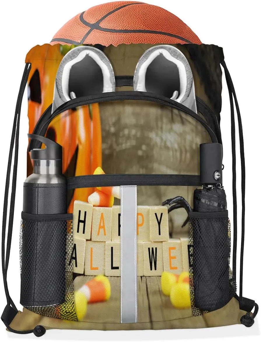 Happy Halloween Pumpkin Drawstring Backpack Sports Gym Bag for Men Women Draw String Polyester Sackpack Reflective String Bags Cinch Bag with Zipper Pockets and Mesh Pockets