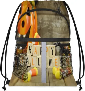 Happy Halloween Pumpkin Drawstring Backpack Sports Gym Bag for Men Women Draw String Polyester Sackpack Reflective String Bags Cinch Bag with Zipper Pockets and Mesh Pockets