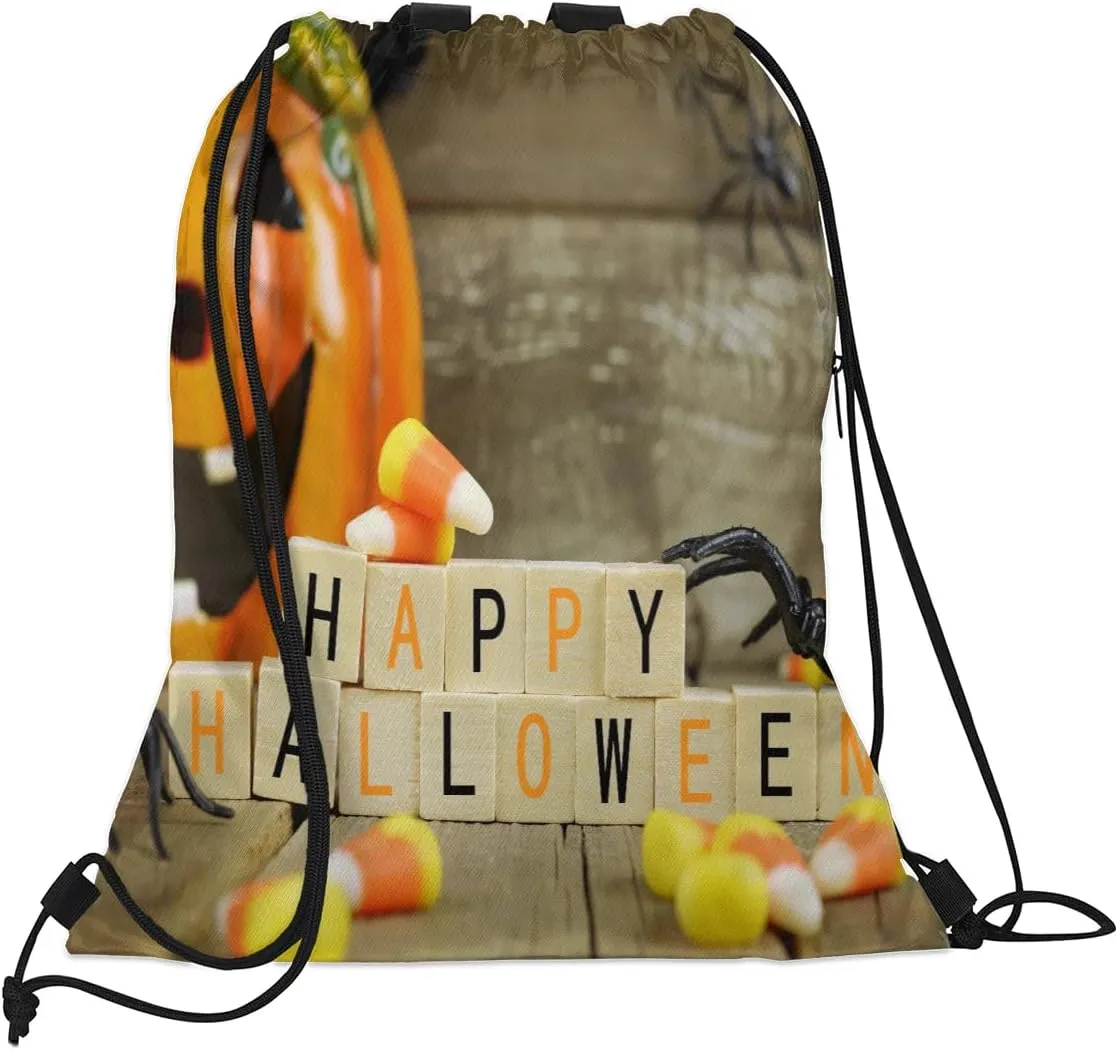 Happy Halloween Pumpkin Drawstring Backpack Sports Gym Bag for Men Women Draw String Polyester Sackpack Reflective String Bags Cinch Bag with Zipper Pockets and Mesh Pockets