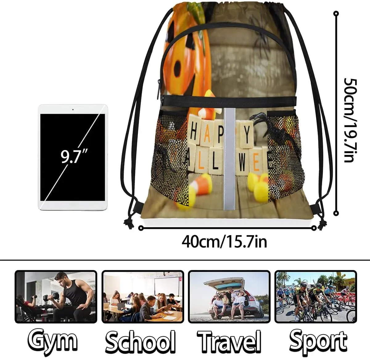 Happy Halloween Pumpkin Drawstring Backpack Sports Gym Bag for Men Women Draw String Polyester Sackpack Reflective String Bags Cinch Bag with Zipper Pockets and Mesh Pockets