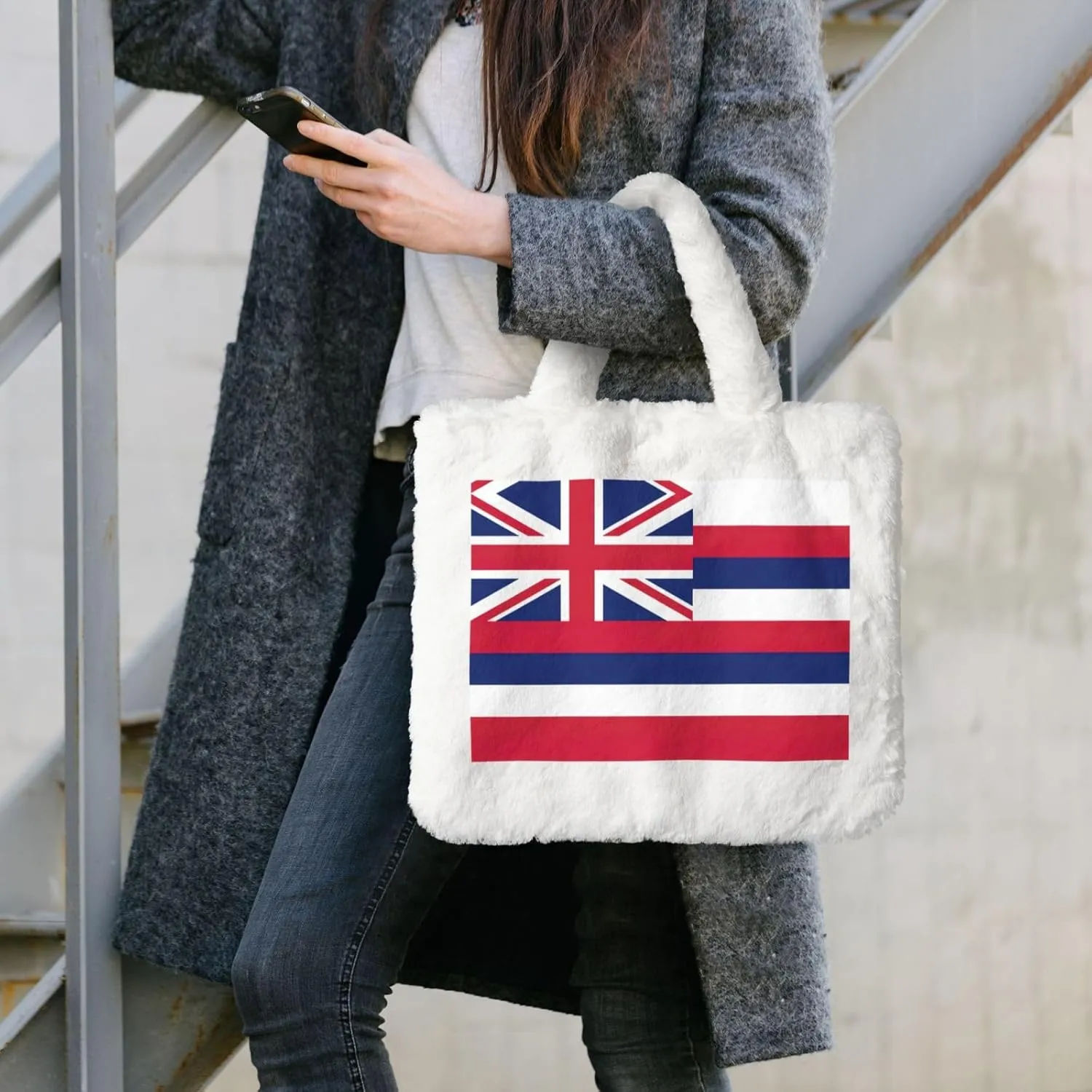 Hawaii Flag Printing Fluffy Shoulder Bag Ladies Plush Underarm Bag Tote Bag Furry Purse Handbag For Work Travel