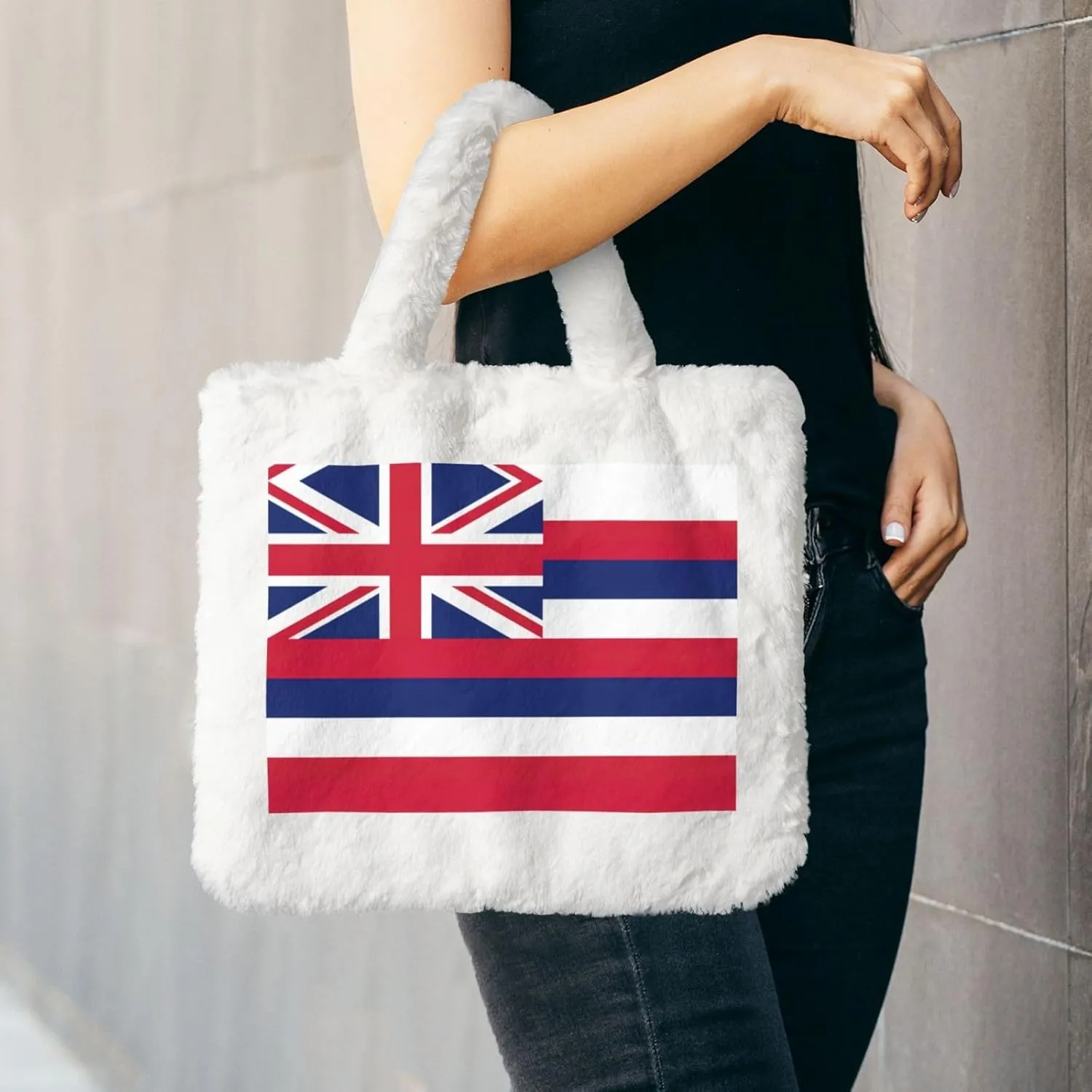 Hawaii Flag Printing Fluffy Shoulder Bag Ladies Plush Underarm Bag Tote Bag Furry Purse Handbag For Work Travel