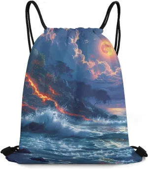Hawaii Volcanic Eruption Lava in Moon Travel Drawstring Bag Waterproof String Backpack Gym Sackpack Sport Bag
