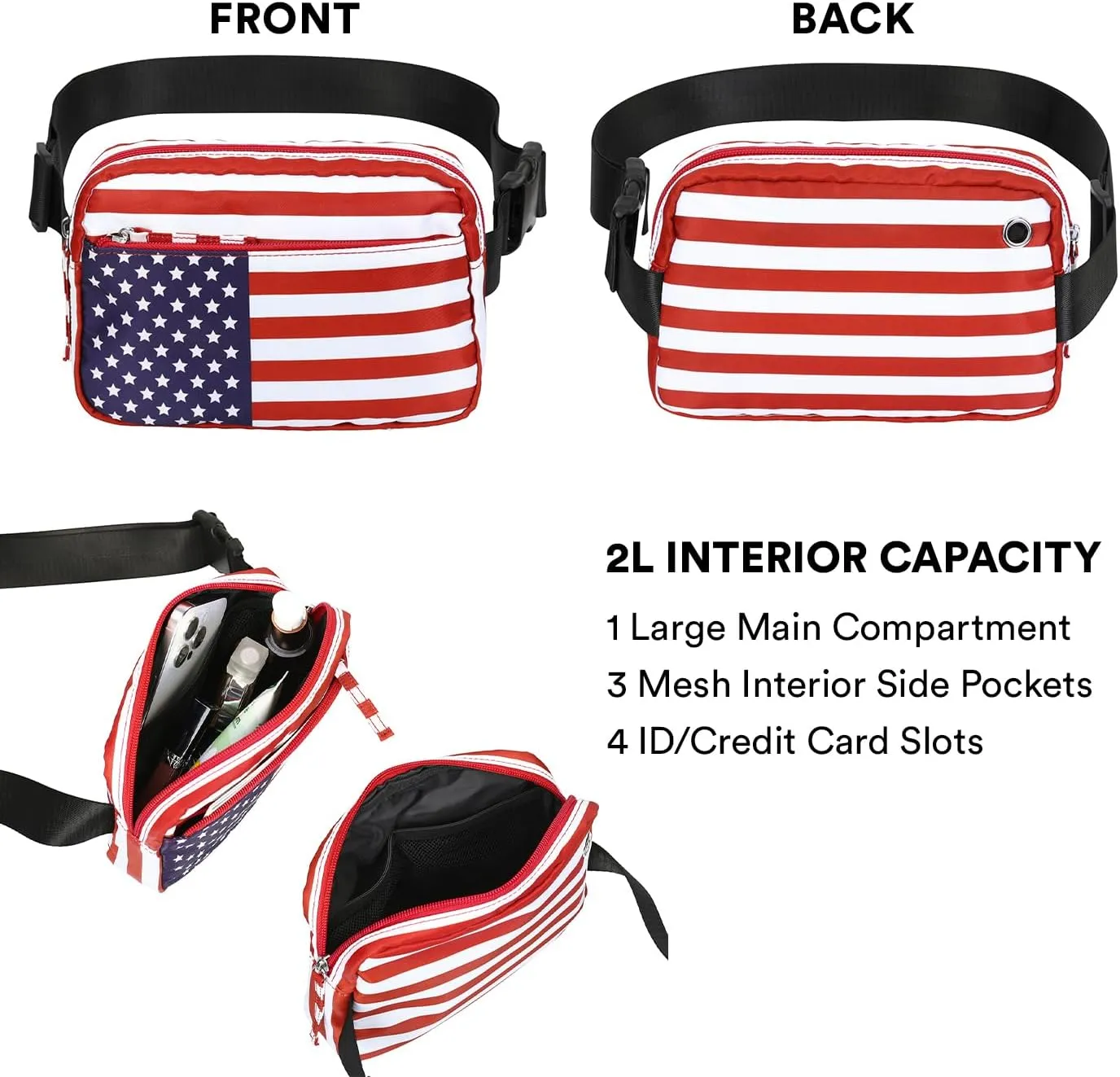 HDE Belt Bag 2L Fanny Pack Cross Body with Adjustable Strap Travel Waist Pack - USA Flag