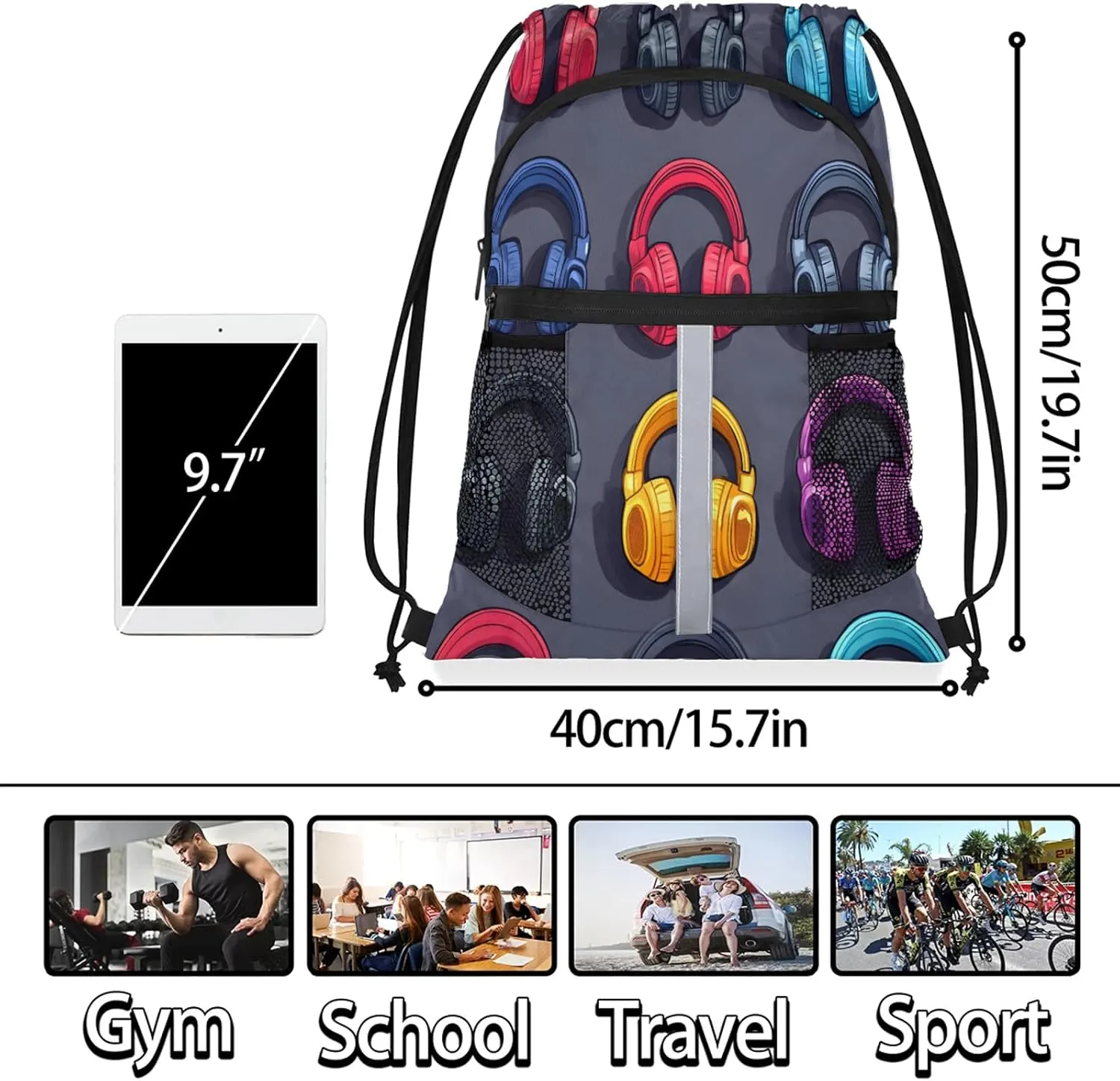 Headphones Drawstring Backpack Waterproof Music Small String Bags Sackpack for Sports, Gym, Travel, Swimming, Beach