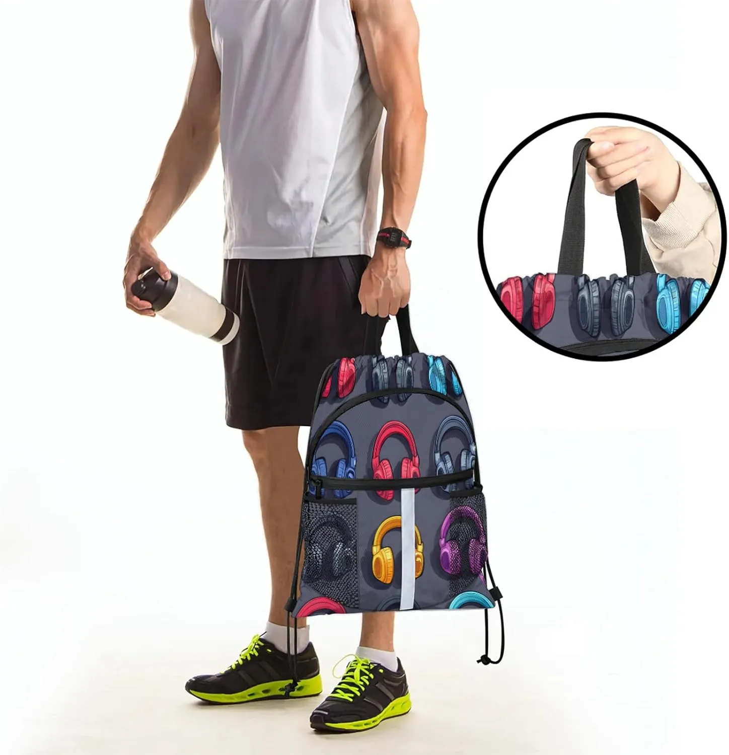 Headphones Drawstring Backpack Waterproof Music Small String Bags Sackpack for Sports, Gym, Travel, Swimming, Beach