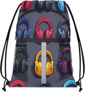 Headphones Drawstring Backpack Waterproof Music Small String Bags Sackpack for Sports, Gym, Travel, Swimming, Beach