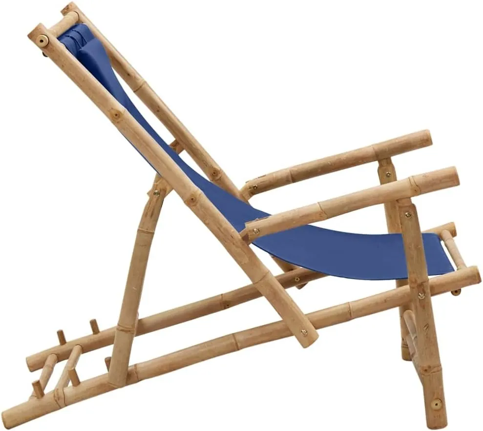 Heavy Duty Beach Chairs Tanning Beach Chair with face holeDeck Chair Bamboo and Canvas Navy BlueSuitable for Garden Patio Living Room