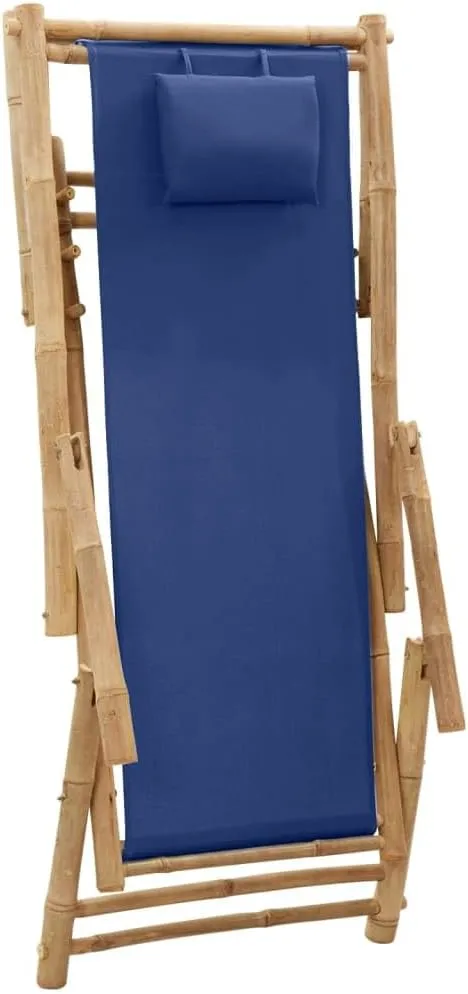 Heavy Duty Beach Chairs Tanning Beach Chair with face holeDeck Chair Bamboo and Canvas Navy BlueSuitable for Garden Patio Living Room