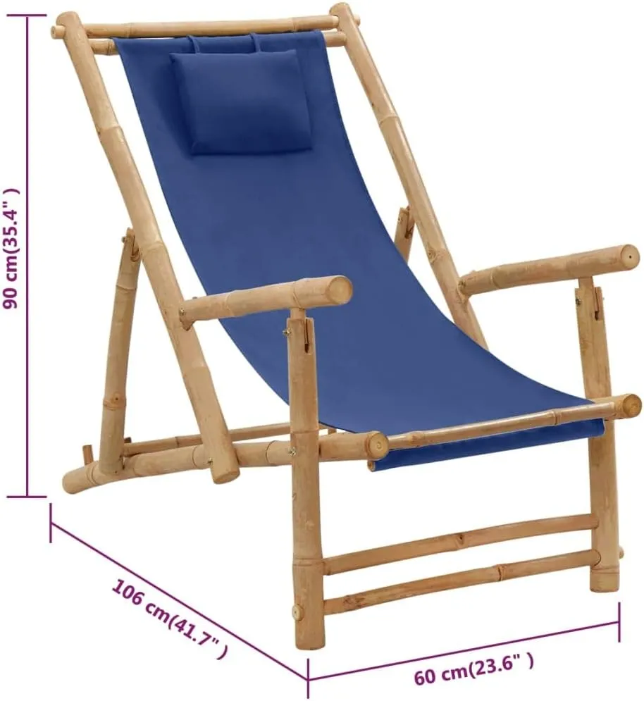Heavy Duty Beach Chairs Tanning Beach Chair with face holeDeck Chair Bamboo and Canvas Navy BlueSuitable for Garden Patio Living Room