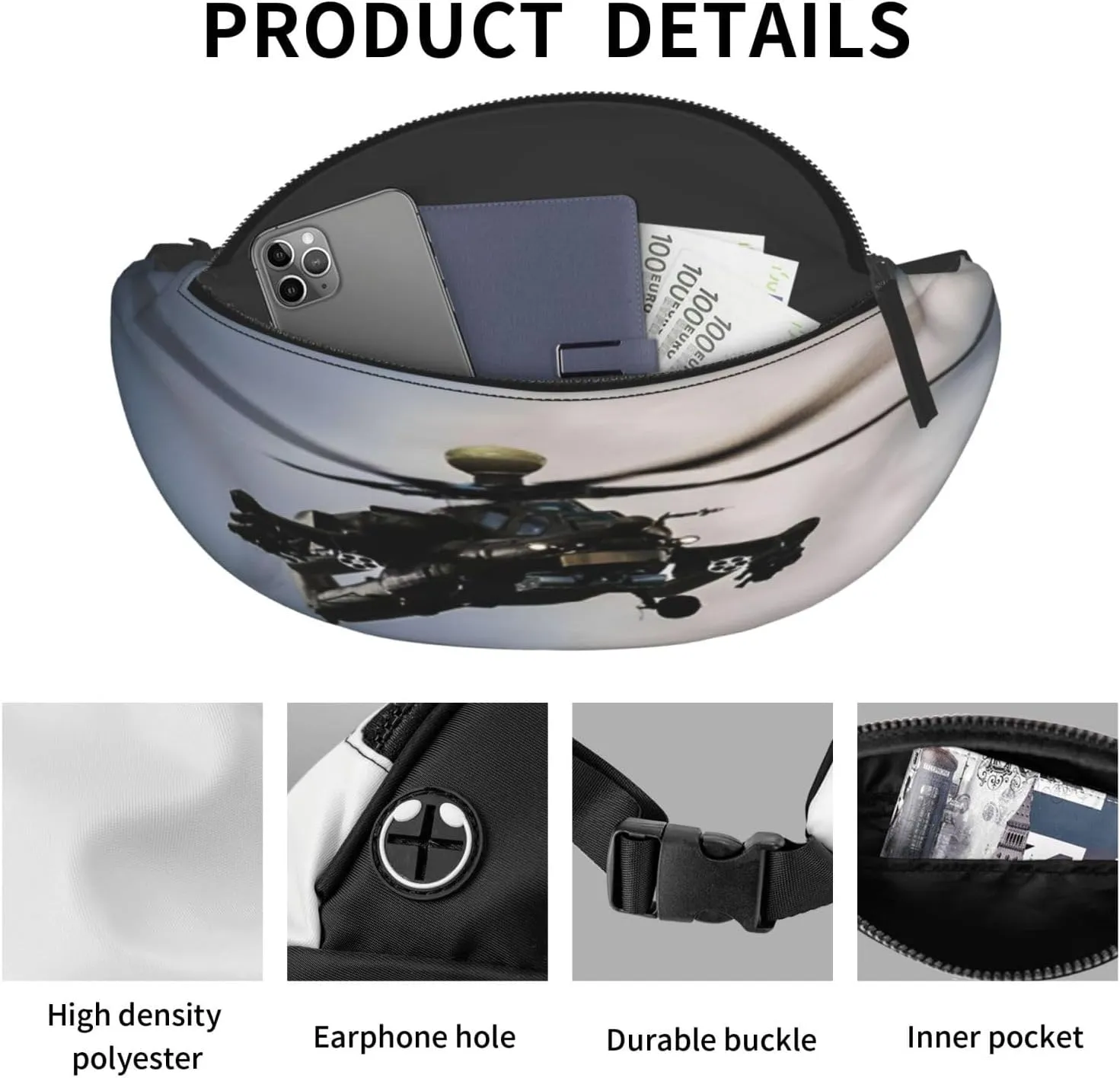 Helicopter Fanny Pack, Crossbody Waist Packs for Women Men Waist Bags with Adjustable Strap for Travel Running Hiking Sport